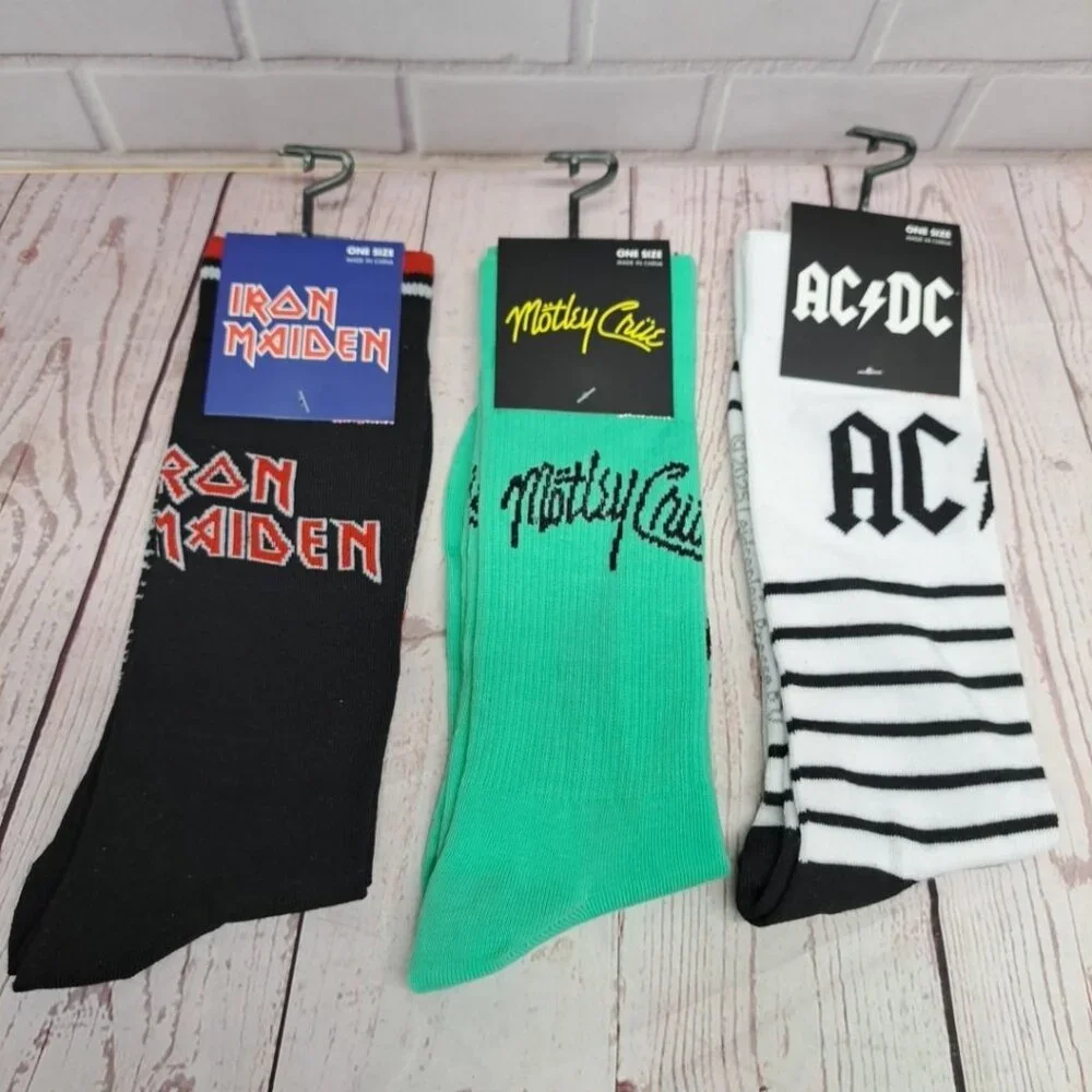 IRON MAIDEN / MOTLEY CRUE / AC DC Set of 3 Crew Socks ~ 80s & 90s Rock‎ Bands